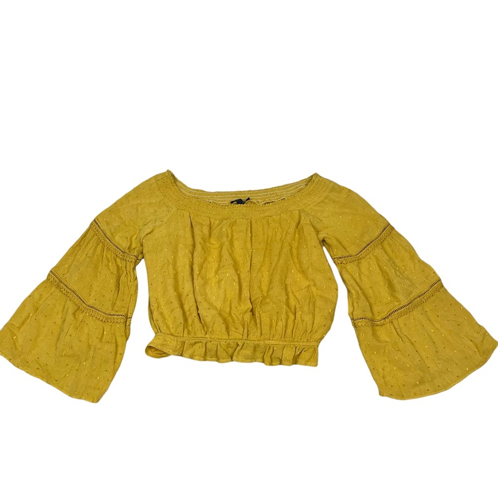 Aqua Women's Cropped Off-The-Shoulder Smocked Bell Sleeve Top Size Small Mustard - Picture 10 of 12